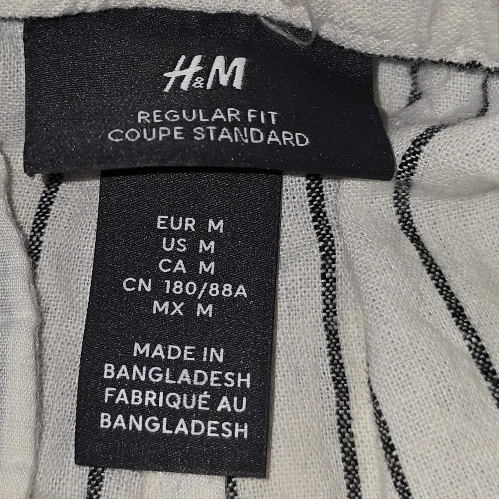 H&M Women's Pants Size M White Black Striped Linen Cotton Drawstring